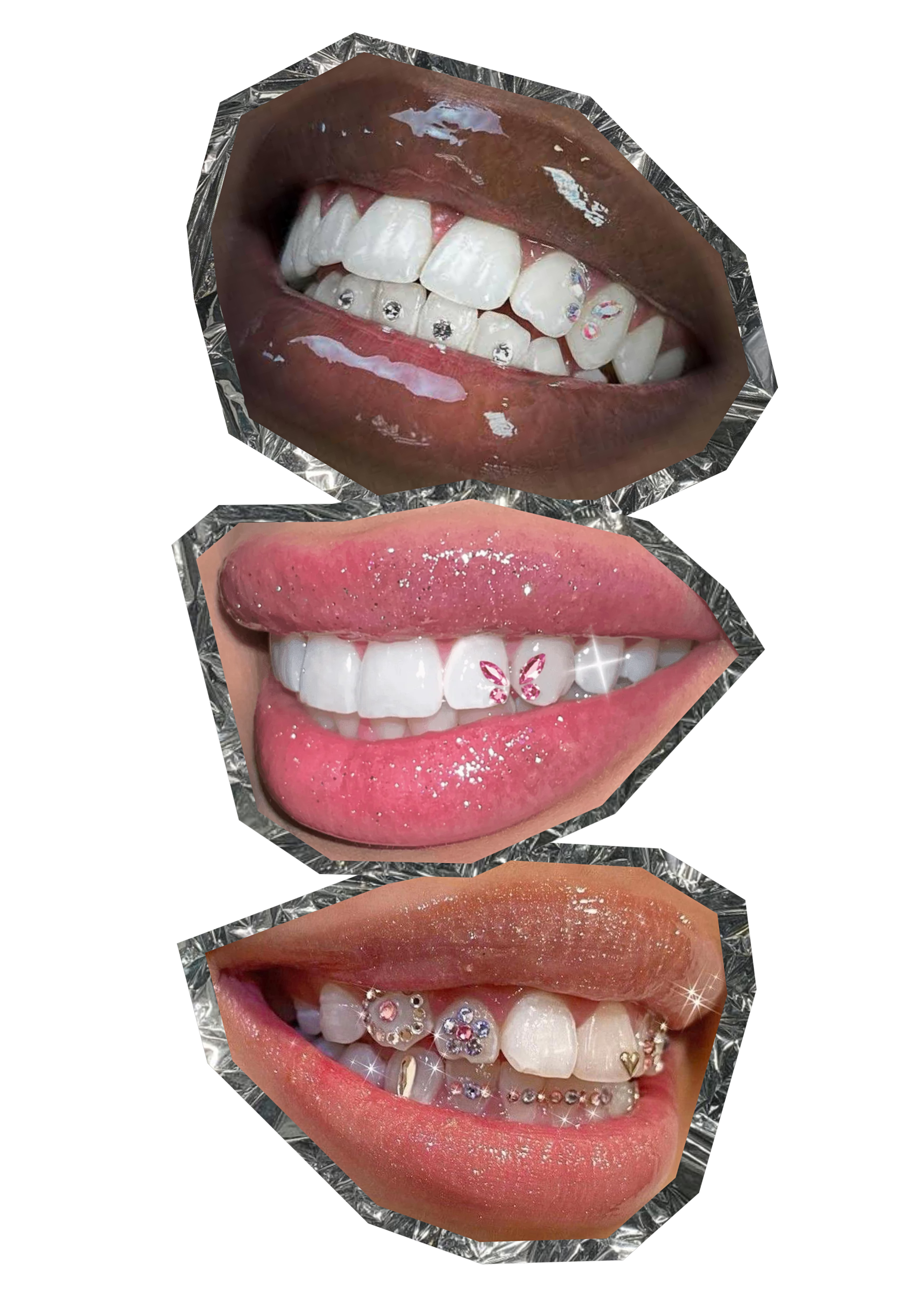 Tooth gem styles: diamond dust, pink butterfly and gold cluster grills